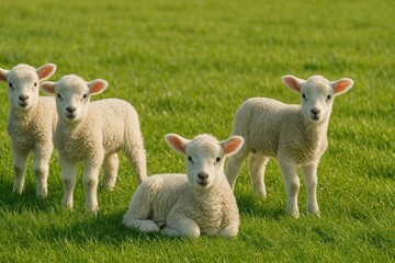 Fototapeta premium Cute lambs in green field.