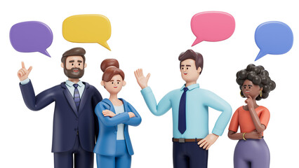 Four 3D people with speech bubbles, symbolizing diverse communication. 3D rendering, conceptual image. Isolated on white background.