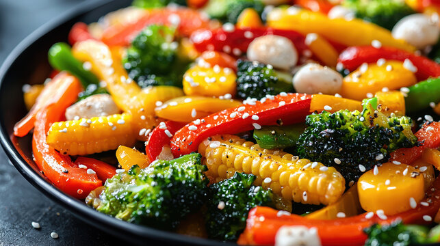 A vibrant and colorful mix of roasted vegetables including broccoli, bell peppers, corn, and peas is presented on a dark plate garnished with sesame seeds a healthy and delicious - Powered by Adobe