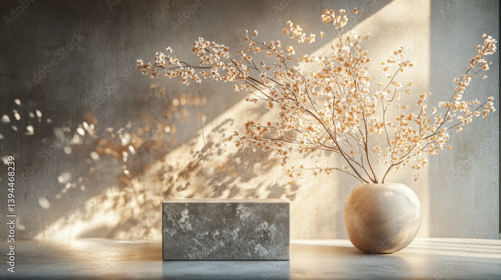 Aufkleber a serene arrangement featuring a textured block and a vase with delicate branches, casting soft shad