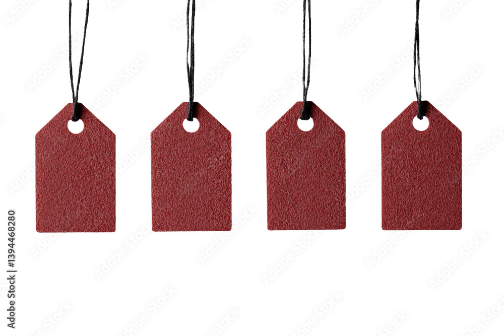 Aufkleber minimalist mockups featuring isolated red tags with black strings against a clean white background
