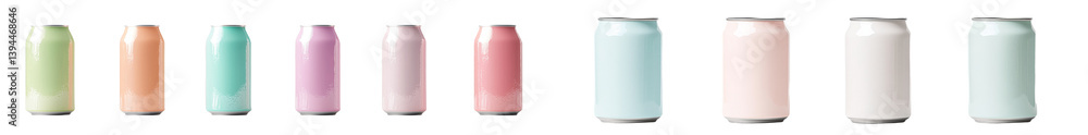 Poster Isolated minimalist mockups featuring colorful beverage cans in soft pastel shades arranged in a sleek design