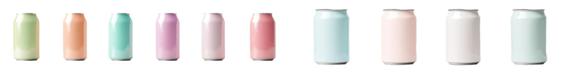 Isolated minimalist mockups featuring colorful beverage cans in soft pastel shades arranged in a sleek design
