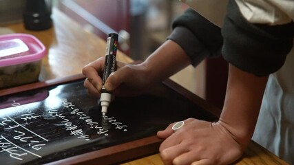 	看板にメニューを書く女性