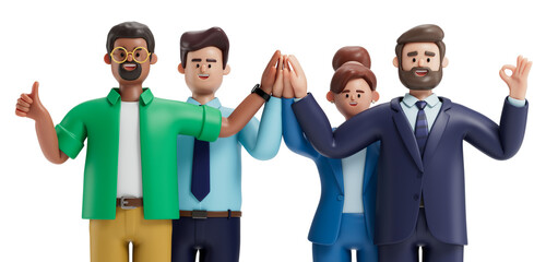 Four 3D people celebrate success, symbolizing teamwork and achievement. 3D rendering, conceptual image. Isolated on white background.