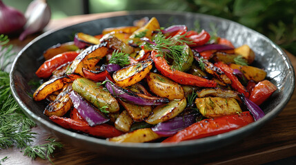 A rustic dark bowl overflowing with roasted vegetables like potatoes, bell peppers, and red onions seasoned with fresh dill makes a delicious and healthy meal.