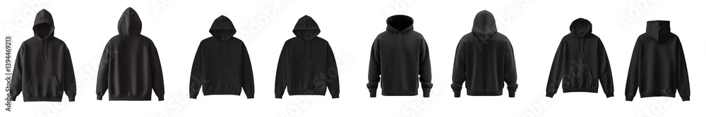 Poster minimalist collection of black hooded sweatshirts displayed in various styles and orientations on wh
