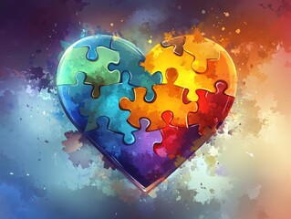 Heart-shaped puzzle piece symbolizes love and acceptance for autism awareness in vibrant colors