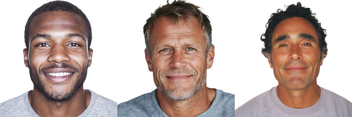 Obraz premium Diverse group of men showcasing unique expressions in isolated minimalist design against plain background