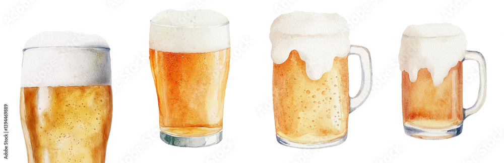 Poster various minimalist mockups of different types of beer glasses featuring foamy tops and distinct styl