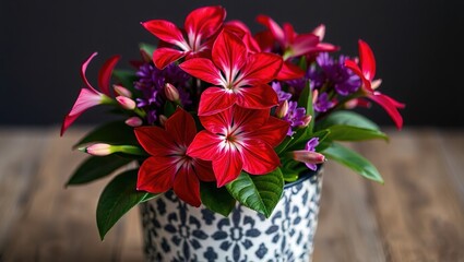 Red and Purple Alstroemeria and Leptospermum in a Patterned Fabric Pot