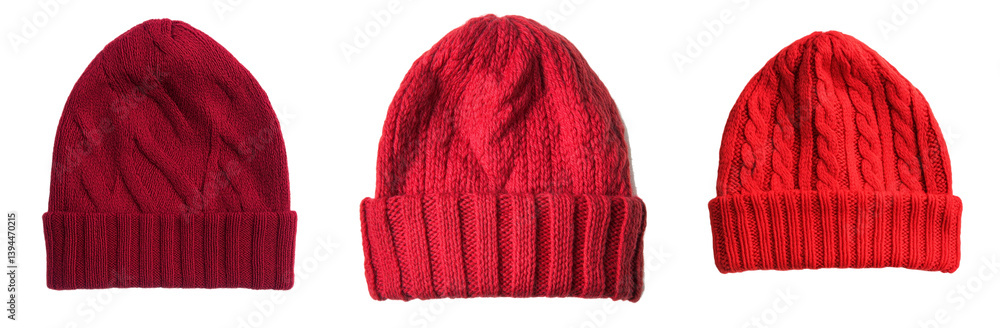 Aufkleber Three red knitted beanies displayed in a minimalist isolated setting showcasing different textures and styles