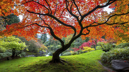 Fototapeta premium stunning Japanese maple tree with vibrant red leaves stands majestically in serene garden, reflecting beauty of nature