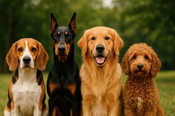 Diverse dogs sitting together outdoors.