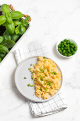 Plate of tasty scrambled eggs, breakfast