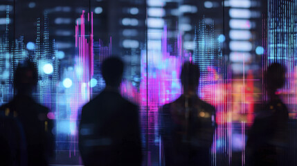Fototapeta premium Silhouettes of professionals observing vibrant data visualizations modern conference setting, showcasing technology