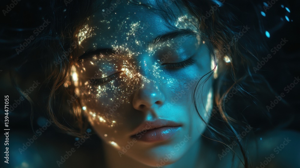Poster a serene close-up of a woman's face illuminated by shimmering patterns, creating an ethereal and dre