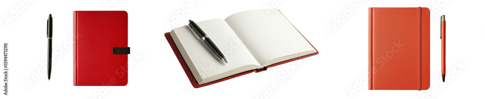 Poster minimalist mockups featuring a red notebook and pen on a white background for creative presentation 