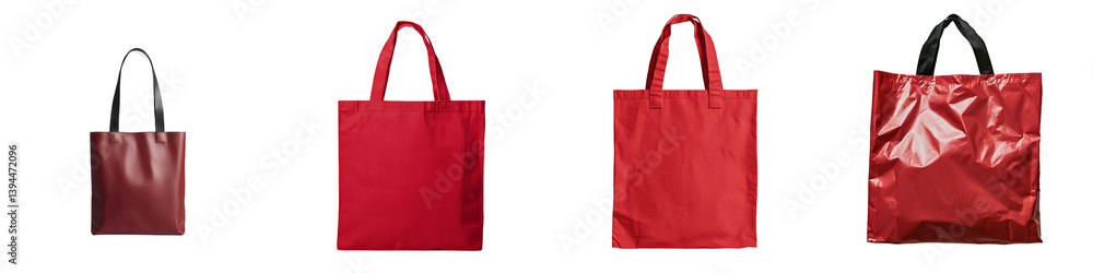 Poster minimalist isolated mockups of red tote bags showcasing different designs and textures for modern re