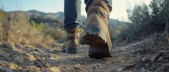 A rugged boot strides along a dusty trail, capturing the spirit of adventure and exploration in a mountainous landscape.