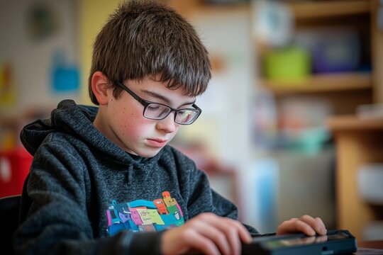 Student with autism engages in communication device use during National Autism Awareness Month at school - Powered by Adobe