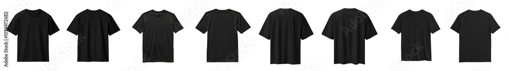 Aufkleber Mockups of black t-shirts showcasing various angles in an isolated minimalist setting, perfect for apparel design presentation