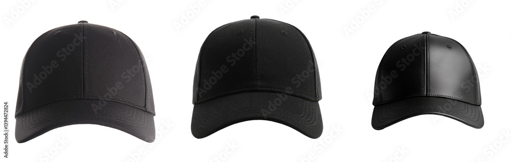 Fototapete Minimalist black cap mockups showcasing different angles and textures in a clean, isolated setting for design purposes