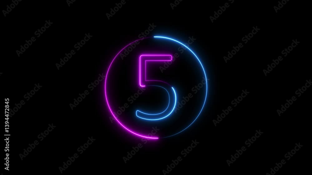 Poster animation of number 05 with red blue neon colors on the outline and isolated on black background. nu