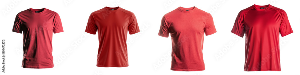 Poster Minimalist mockups showcasing four distinct styles of red t-shirts on a neutral background for versatile fashion presentations