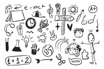 Scribble, doodle, kid set hand drawing on paper with pencil, crayon, charcoal, and chalk texture. Naive and childish element, book illustration, and more.	
