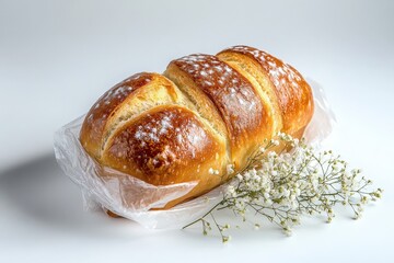 Fresh baked bread with some decorative white baby breath flowers