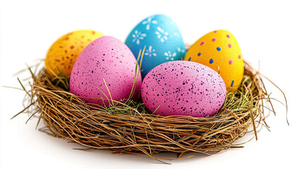 Obraz premium Five colorful Easter eggs led together in a rustic bird's are perfectly arranged on a pristine white background creating a festive sp image ideal for holiday cards and