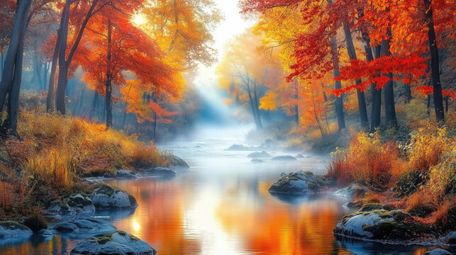 A serene autumn river reflecting the fiery hues of a misty forest at sunrise, showcasing vibrant colors and tranquil atmosphere.
