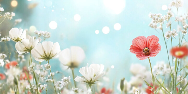 Vibrant summer flowers and clear sky, perfect seasonal background.  