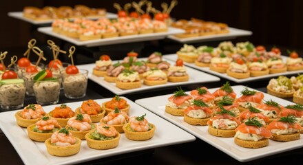Fototapeta premium A Lavish Appetizer Spread: A Culinary Feast - Elegant appetizers, seafood delights, miniature savory tarts, gourmet canapés, and a vibrant array of culinary creations. Symbolising abundance