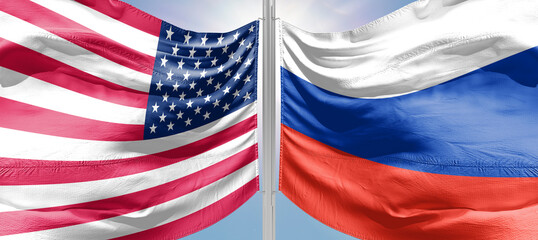 The US flag, Russian flag. Flag of USA, flag of Russia. The United States of America and the Russian Federation confrontation. Russia's invasion of Ukraine