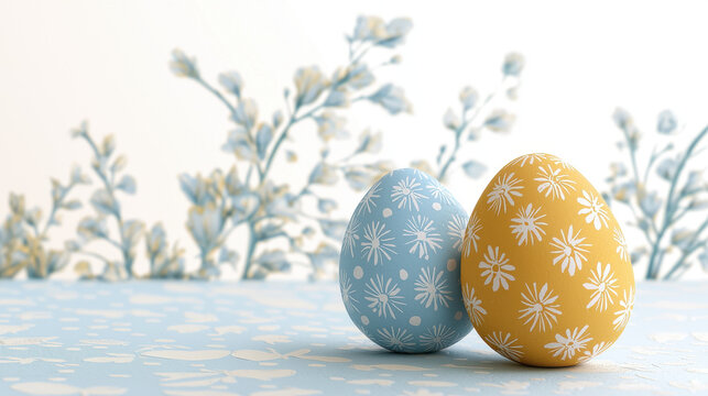 Two pastel Easter eggs with floral patterns rest gently on a light blue surface against a blurred floral background creating a sp holiday scene perfect for greeting cards or