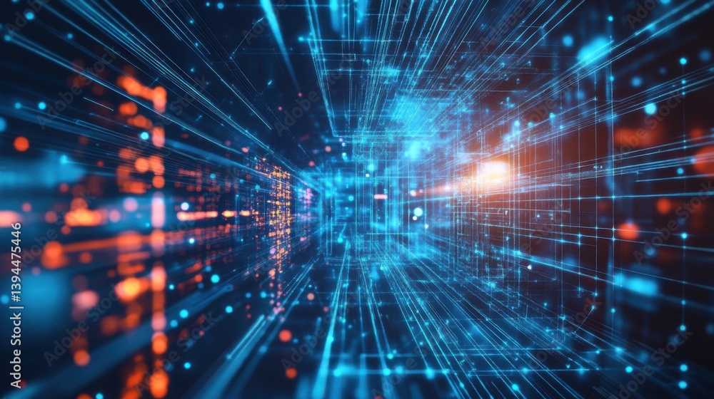 Poster a dynamic visual representation of digital data flow, featuring vibrant blue and orange light patter