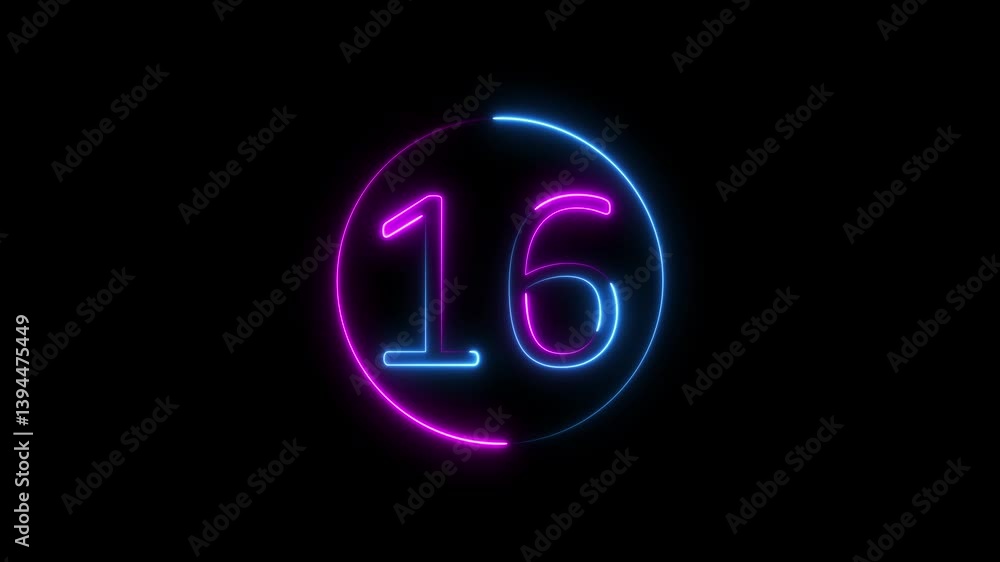 Poster neon text 16 number countdown icon background 4k animation. neon number 16