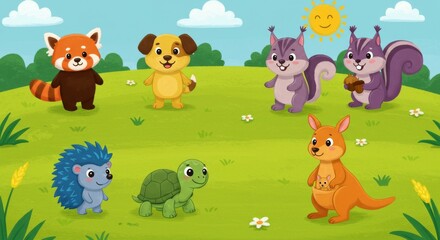 Naklejka premium Adorable Animals in a Sunny Meadow - Cute cartoon animals enjoying a sunny day in a green field. Perfect for children's books or educational materials