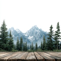 Wooden surface overlooking mountains and evergreen trees scenery isolated on white background