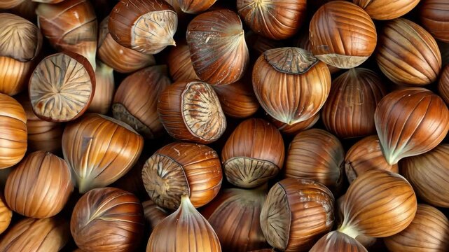 Ripe hazelnuts are gathered and processed in a lush orchard under clear skies in the fall, showcasing the beauty of nature's harvest