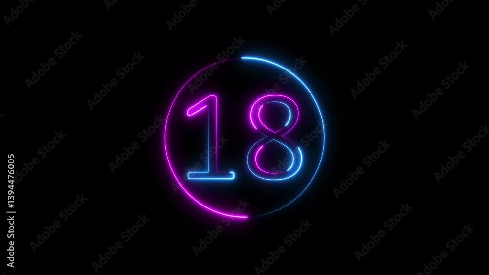Poster neon text 18 number countdown icon background 4k animation .neon number 18 with alpha channel,