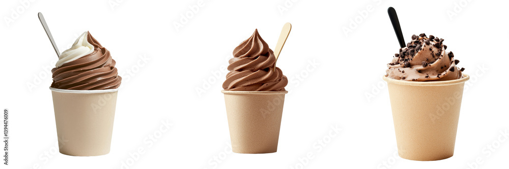 Poster delicious mockup of three minimalist dessert cups featuring soft serve ice cream in various flavors 