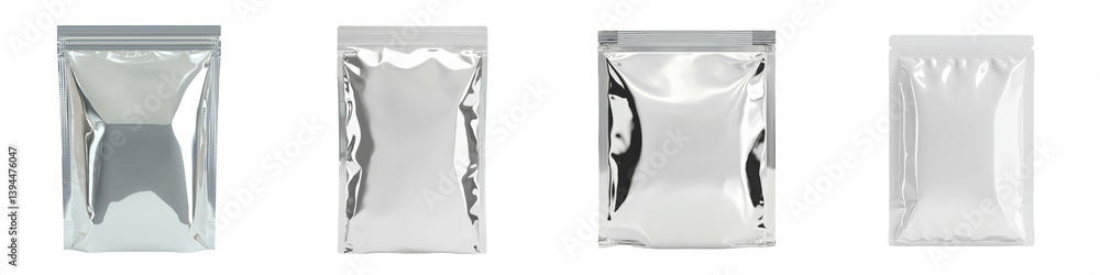 Poster sleek isolated minimalist mockups of metallic packaging bags showcased in a simple layout for design