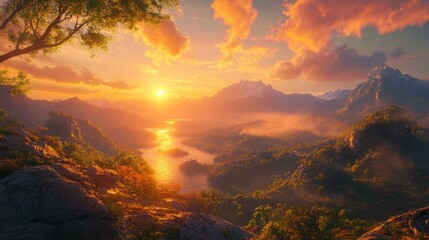 Fototapeta premium A stunning sunset over a serene landscape featuring mountains, lakes, and lush greenery, creating a tranquil atmosphere filled with vibrant colors.