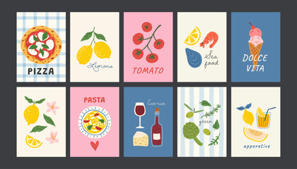 Hand drawn food posters for the kitchen. Abstract prints with pizza, lemon, tomato, cheese, italian pasta, seafood. Dolce vita aesthetics. Minimalist banners for wall decor, cafes and restaurants.