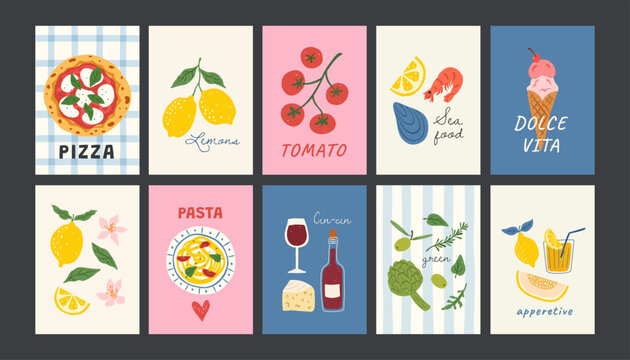 Naklejki Hand drawn food posters for the kitchen. Abstract prints with pizza, lemon, tomato, cheese, italian pasta, seafood. Dolce vita aesthetics. Minimalist banners for wall decor, cafes and restaurants.