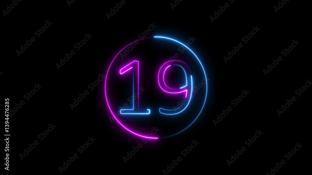 Poster neon text 19 number countdown icon background 4k animation. neon number 19