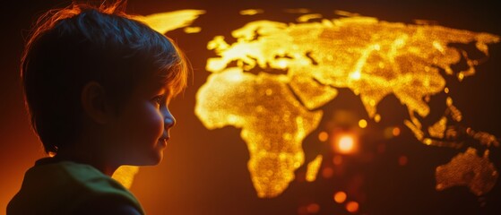 Young boy gazes at a glowing world map, inspired by dreams of exploration and the promise of discovery.